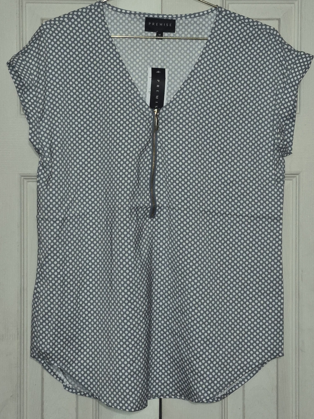 Premise Light Blue Microdot Zip V-Neck Blouse
